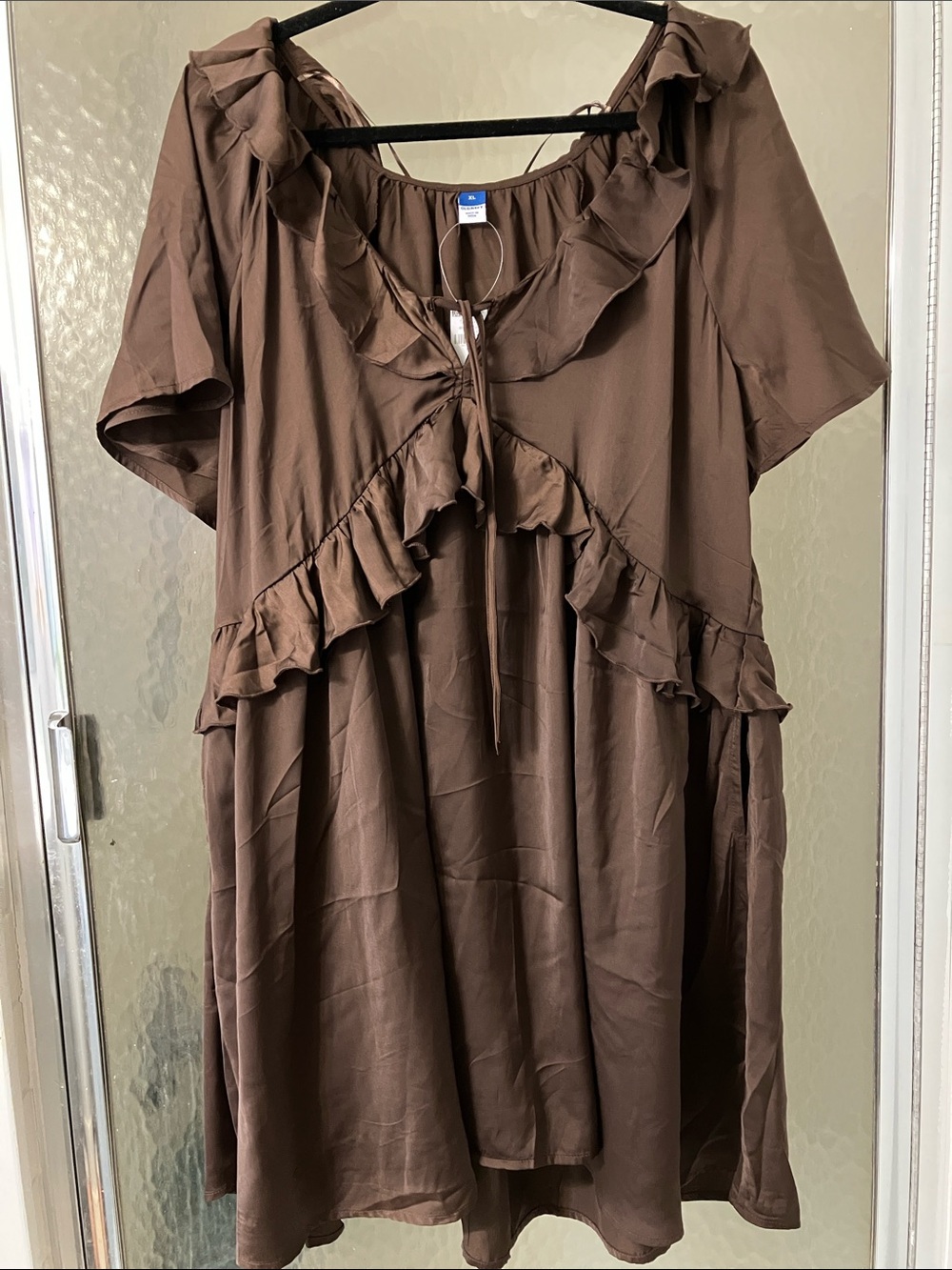 Old Navy Brown Satin  Ruffle-Trim Midi Dress
